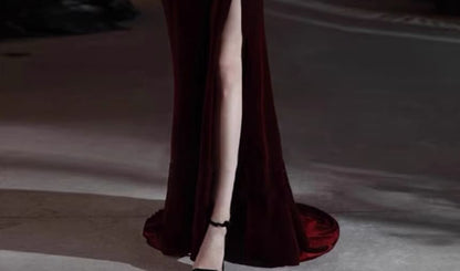 Spaghetti Strap Bow Detail Velvet Mermaid Evening Gown