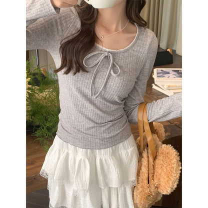 Long-Sleeve Round Neck Plain Bow Accent Frill Trim Slim Fit T-Shirt