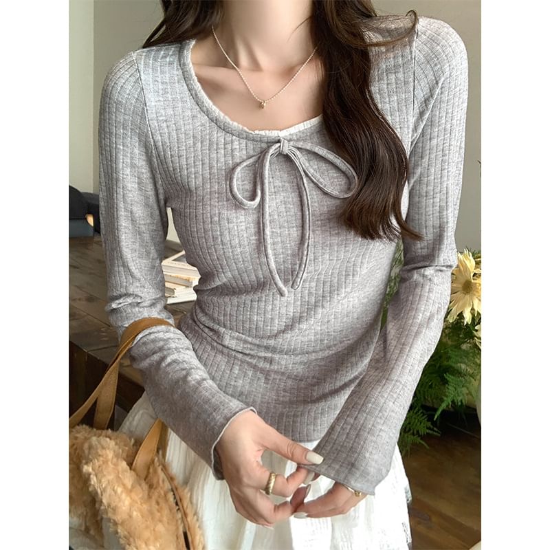 Long-Sleeve Round Neck Plain Bow Accent Frill Trim Slim Fit T-Shirt