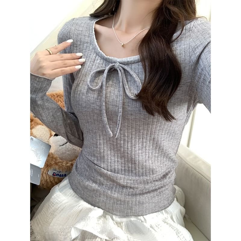 Long-Sleeve Round Neck Plain Bow Accent Frill Trim Slim Fit T-Shirt