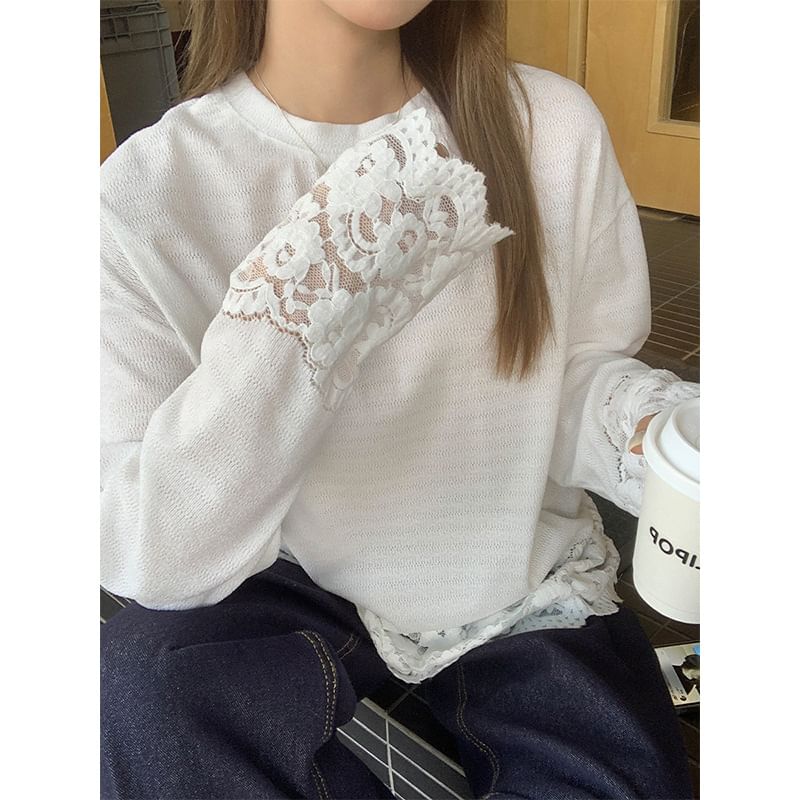 Long-Sleeve Round Neck Plain Lace Panel T-Shirt