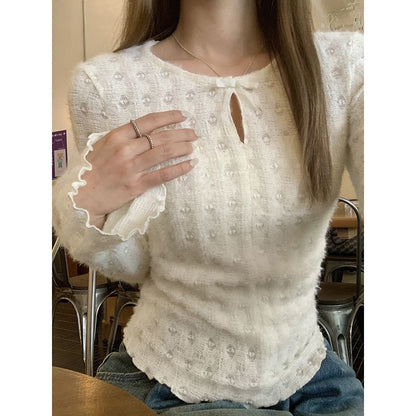 Long-Sleeve Crew Neck Plain Cutout Lace Slim Fit Top