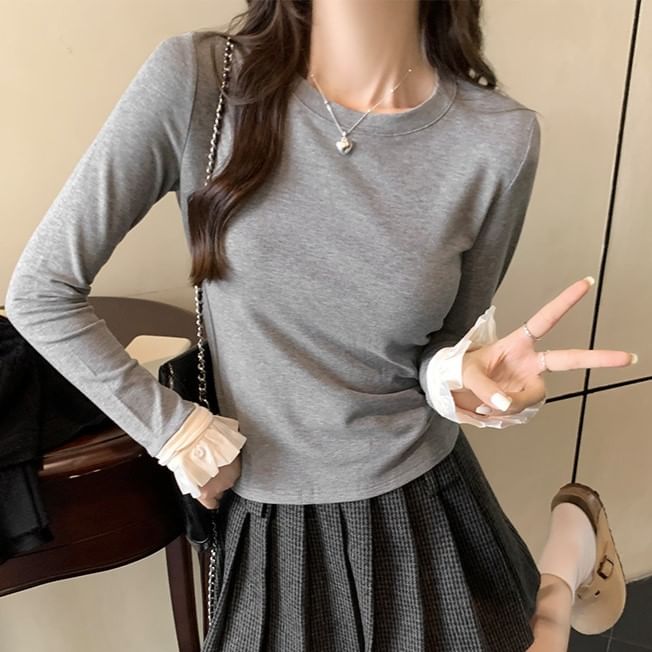 Long-Sleeve Crew Neck Two Tone Flared Cuff Slim Fit T-Shirt