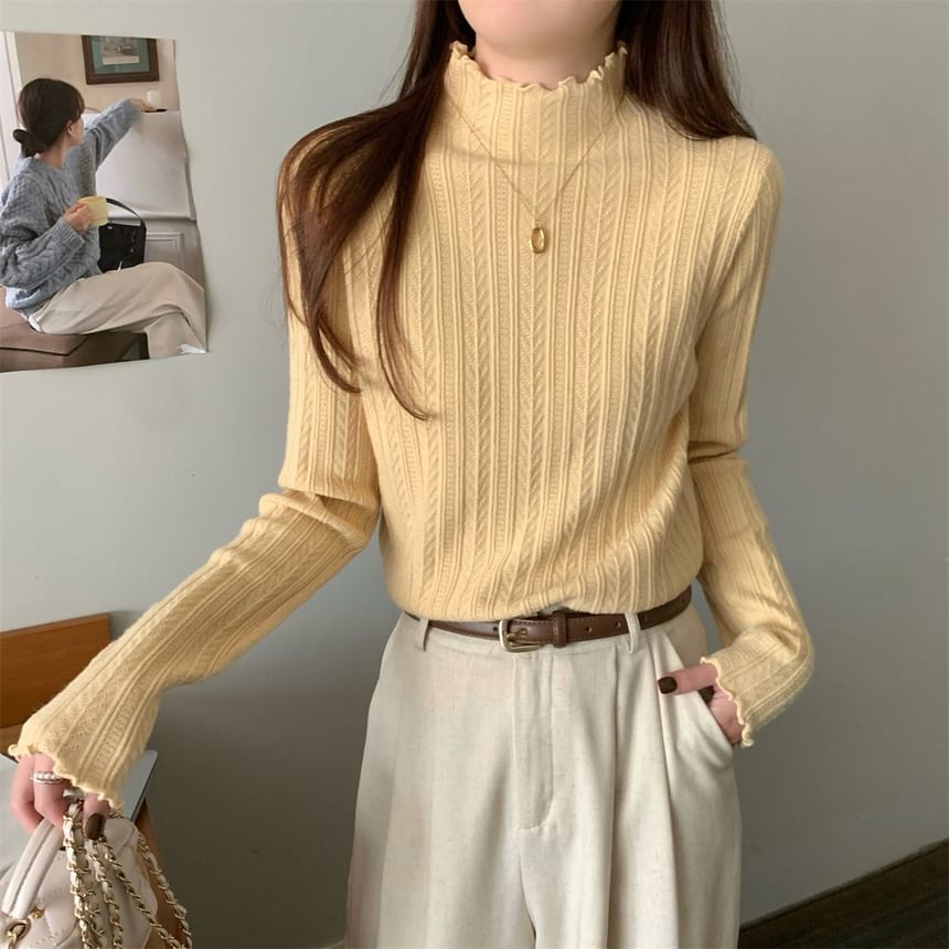 Long-Sleeve Mock Neck Plain Jacquard Lettuce Edge Knit Top