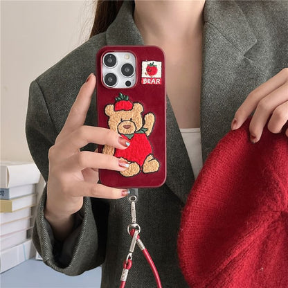 Strawberry Bear Embroidered Phone Case / Strap / Set - iPhone 16 Pro Max / 16 Pro / 16 Plus / 16 / 15 Pro Max / 15 Pro / 15 Plus / 15 / 14 Pro Max / 14 Pro / 14 Plus / 14 / 13 Pro Max / 13 Pro / 13