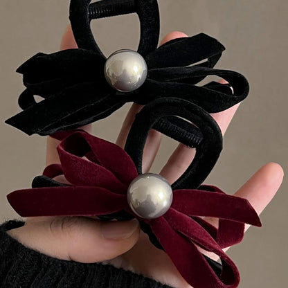 Velvet Bow Faux Pearl Hair Claw