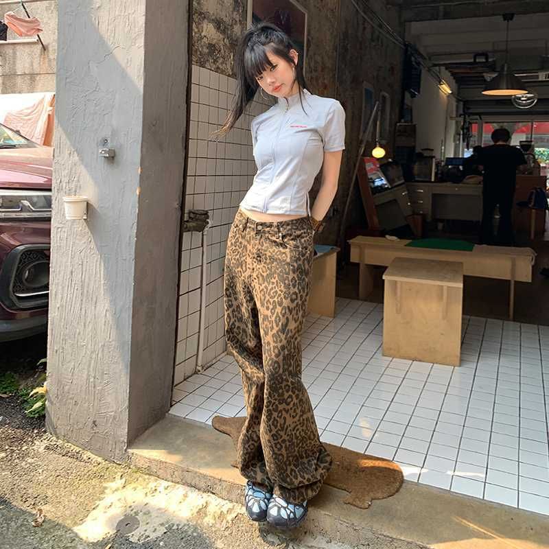 Low Rise Leopard Print Straight-Fit Wide-Leg Pants