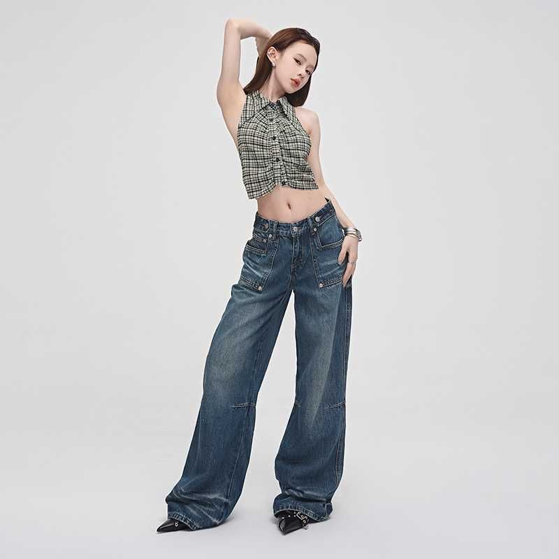 Low Rise Washed Straight-Fit Wide-Leg Jeans