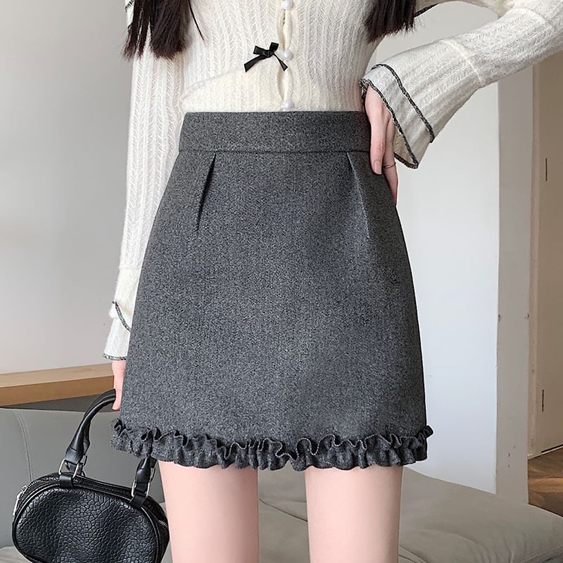 High Waist Plain Frill Trim Mini A-Line Skirt