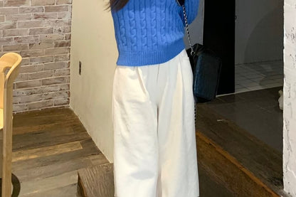 V-Neck Plain Cable Knit Sweater / High Waist Wide Leg Pants