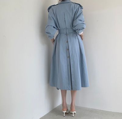 Collared Plain Back Slit Midi Double Breasted Trench Coat