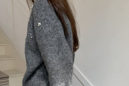 Set: Crew Neck Plain Beaded Cardigan + Beanie