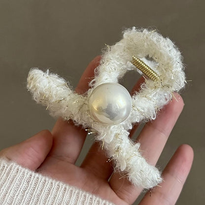 Furry Bow Faux Pearl Hair Claw