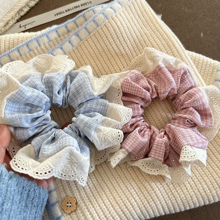 Lace-Trim Plaid Scrunchie