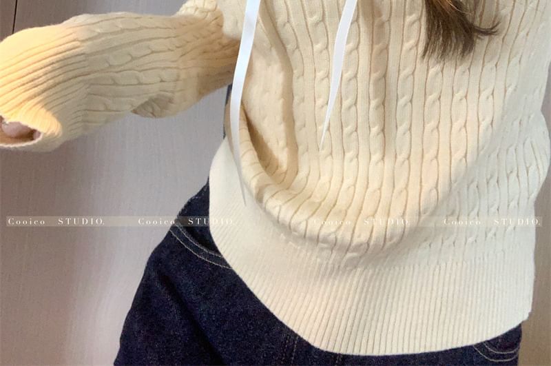 Long-Sleeve V-Neck Bow Accent Frill Trim Cable Knit Top