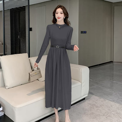 Long-Sleeve Mock Neck Plain Cutout Back Midi A-Line Knit Dress