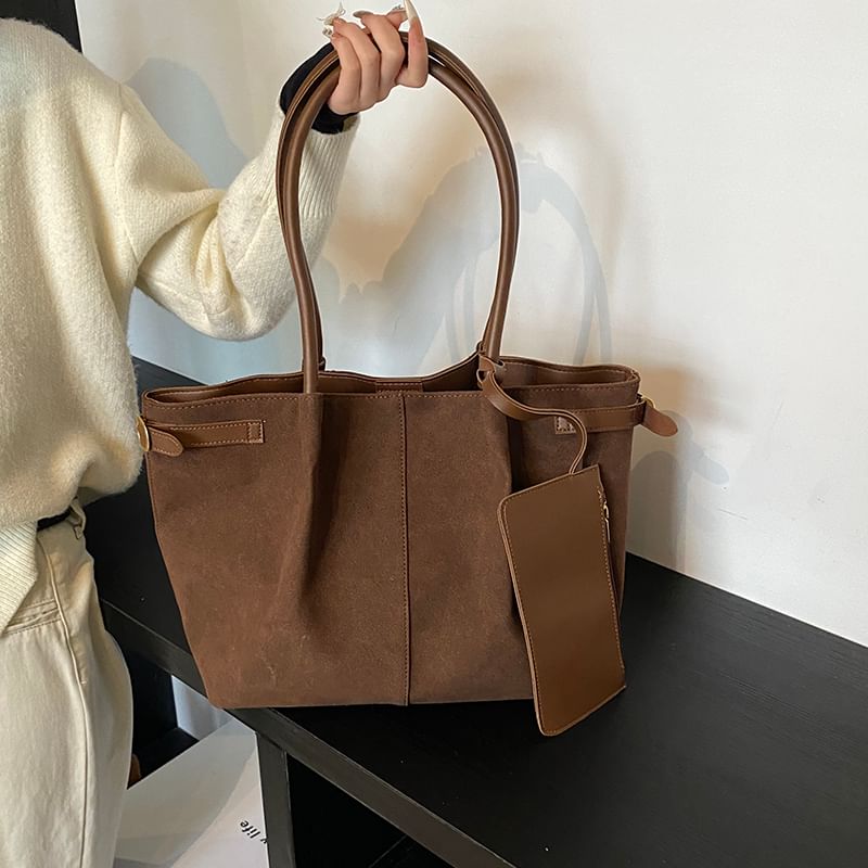 Buckled Faux Suede Tote Bag With Faux Leather Card Holder