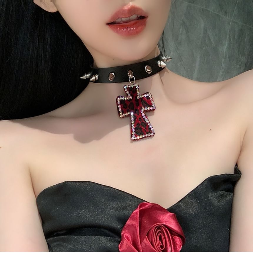 Cross Rhinestone Pendant Studded Faux Leather Choker