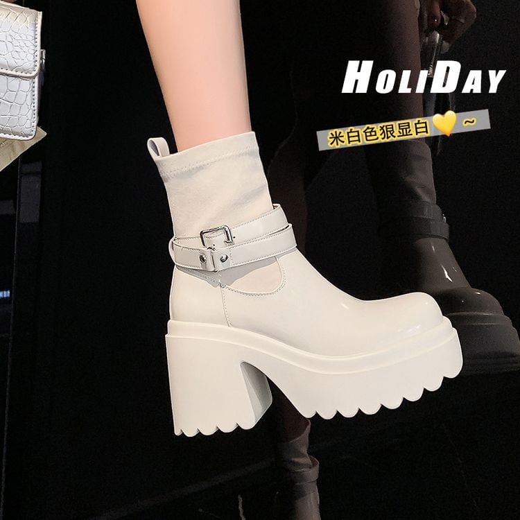 Platform Plain Buckled Genuine Leather Short Boots