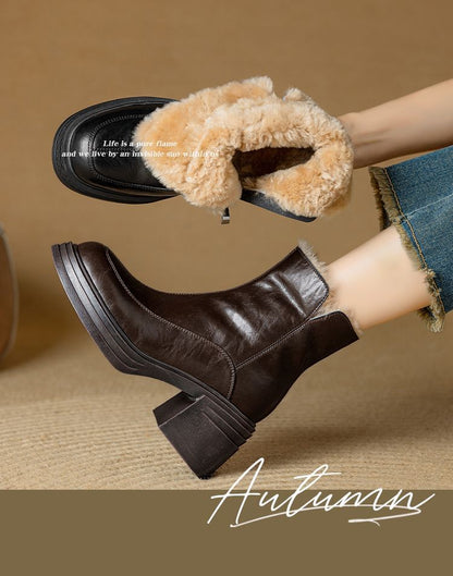 Chunky Heel Plain Fleece-Lined Genuine Leather Short Boots