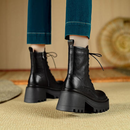 Platform Plain Lace-Up Genuine Leather Short Boots