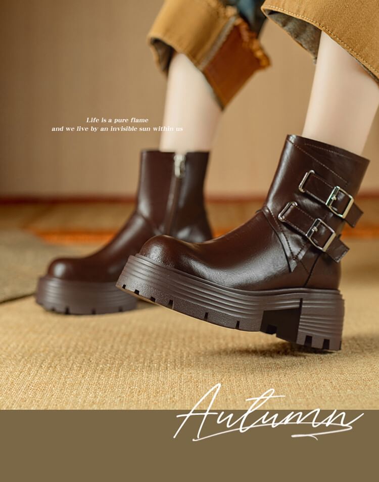 Platform Plain Buckled Zip-Up Genuine Leather Short Boots