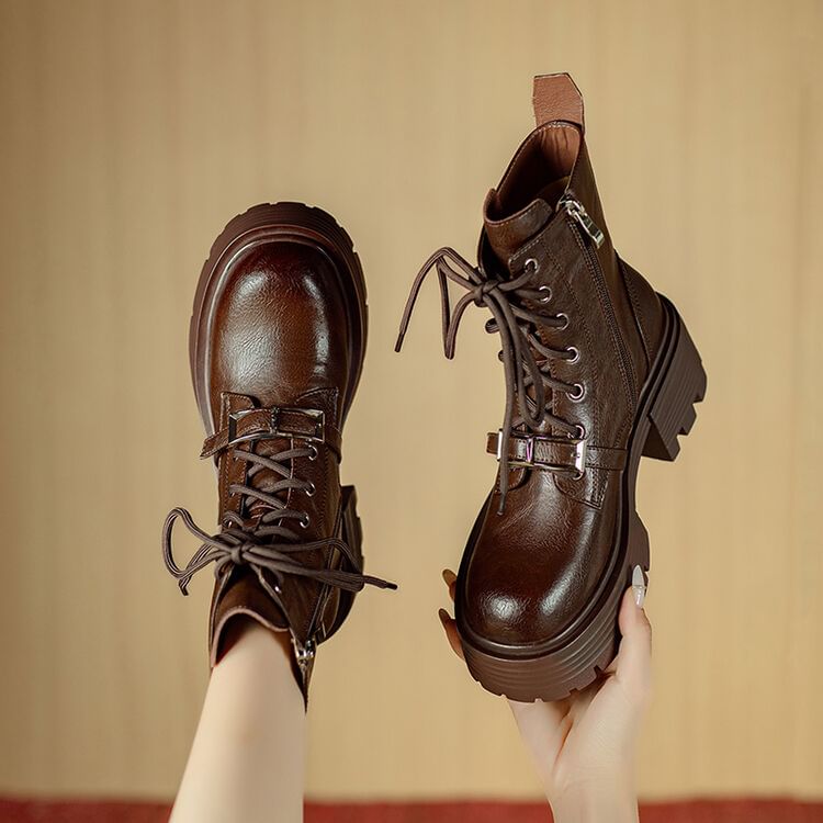 Platform Plain Buckled Lace-Up Genuine Leather Short Boots