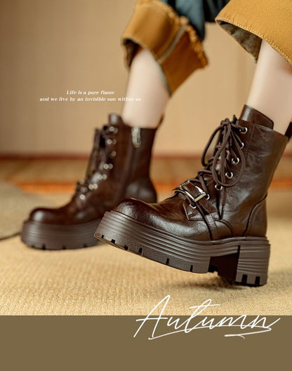 Platform Plain Buckled Lace-Up Genuine Leather Short Boots