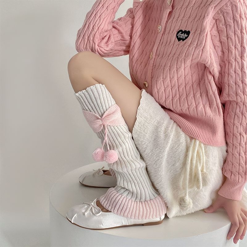 Two Tone Bow Pom Pom Ribbed Knit Leg Warmers