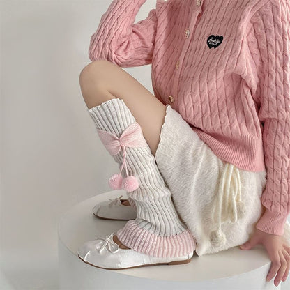 Two Tone Bow Pom Pom Ribbed Knit Leg Warmers