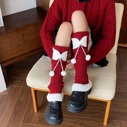 Two Tone Bow Pom Pom Ribbed Knit Leg Warmers