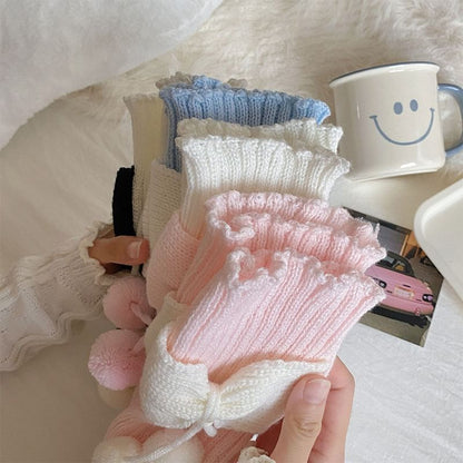 Two Tone Bow Pom Pom Ribbed Knit Leg Warmers