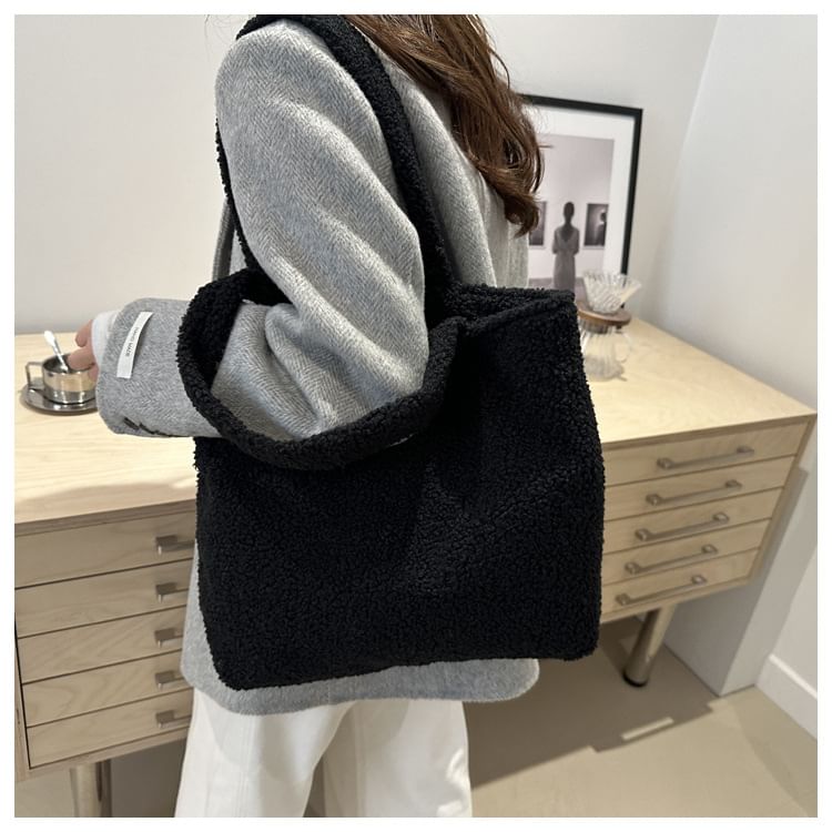 Plain Faux Shearling Tote Bag