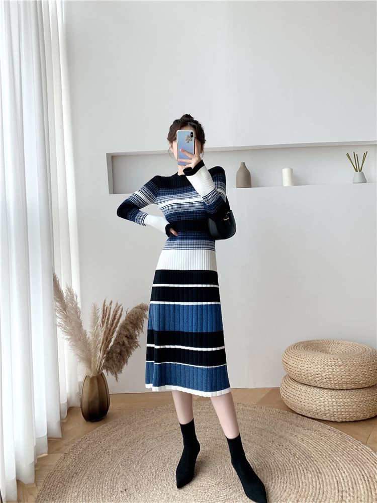 Long-Sleeve Crew Neck Striped Ribbed Knit Midi A-Line Dress