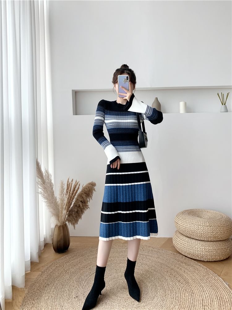 Long-Sleeve Crew Neck Striped Ribbed Knit Midi A-Line Dress