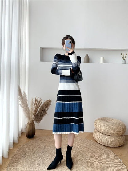 Long-Sleeve Crew Neck Striped Ribbed Knit Midi A-Line Dress