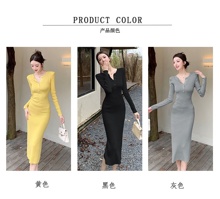 Long-Sleeve Henley Plain Ribbed Knit Midi Sheath Dress