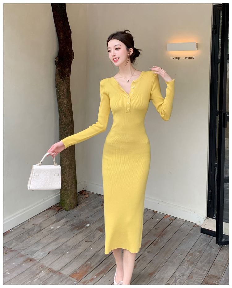 Long-Sleeve Henley Plain Ribbed Knit Midi Sheath Dress