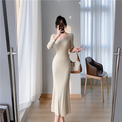 Long-Sleeve Scoop Neck Plain Ribbed Knit Midi Mermaid Dress