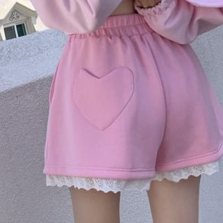 Lace Trim Heart Accent Plain Shorts