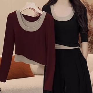 Long-Sleeve Scoop Neck Two Tone Mock Two-Piece Tee