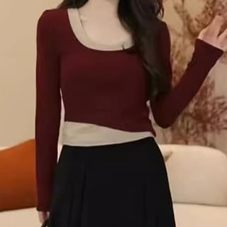 Long-Sleeve Scoop Neck Two Tone Mock Two-Piece Tee