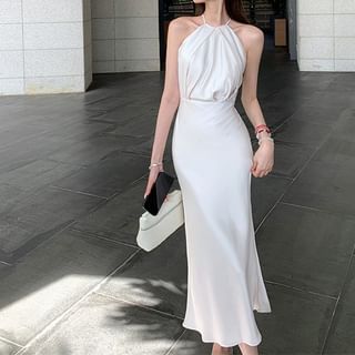 Halter Neck Plain Ruched Slit Satin Midi Mermaid Wedding Dress