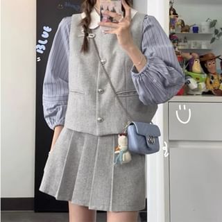 Puff-Sleeve Striped Shirt / Plain Single-Breasted Vest / High Waist Pleated Mini A-Line Skirt