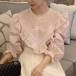 Long-Sleeve Lace Asymmetrical Plain Blouse