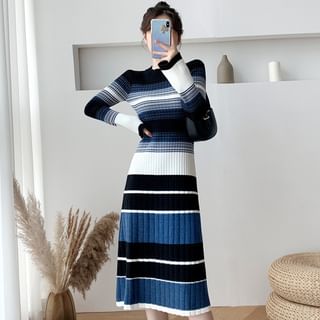 Long-Sleeve Crew Neck Striped Ribbed Knit Midi A-Line Dress