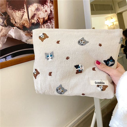 Cat Embroidered Zip Pouch