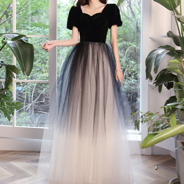 Puff-Sleeve Ombre Mesh A-Line Evening Gown