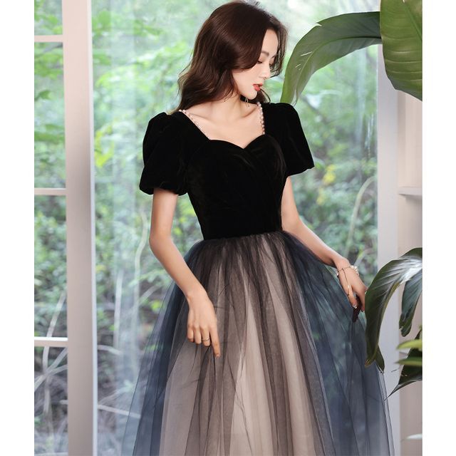 Puff-Sleeve Ombre Mesh A-Line Evening Gown