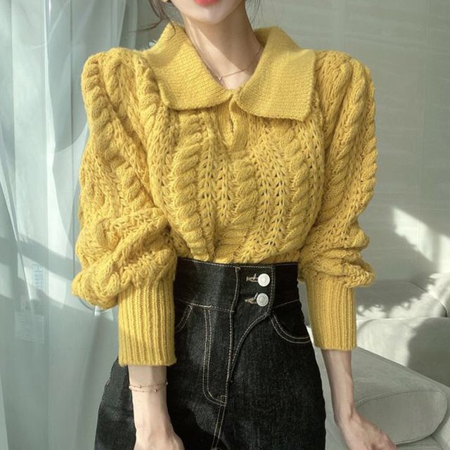 Puff-Sleeve Polo-Neck Pointelle Knit Sweater